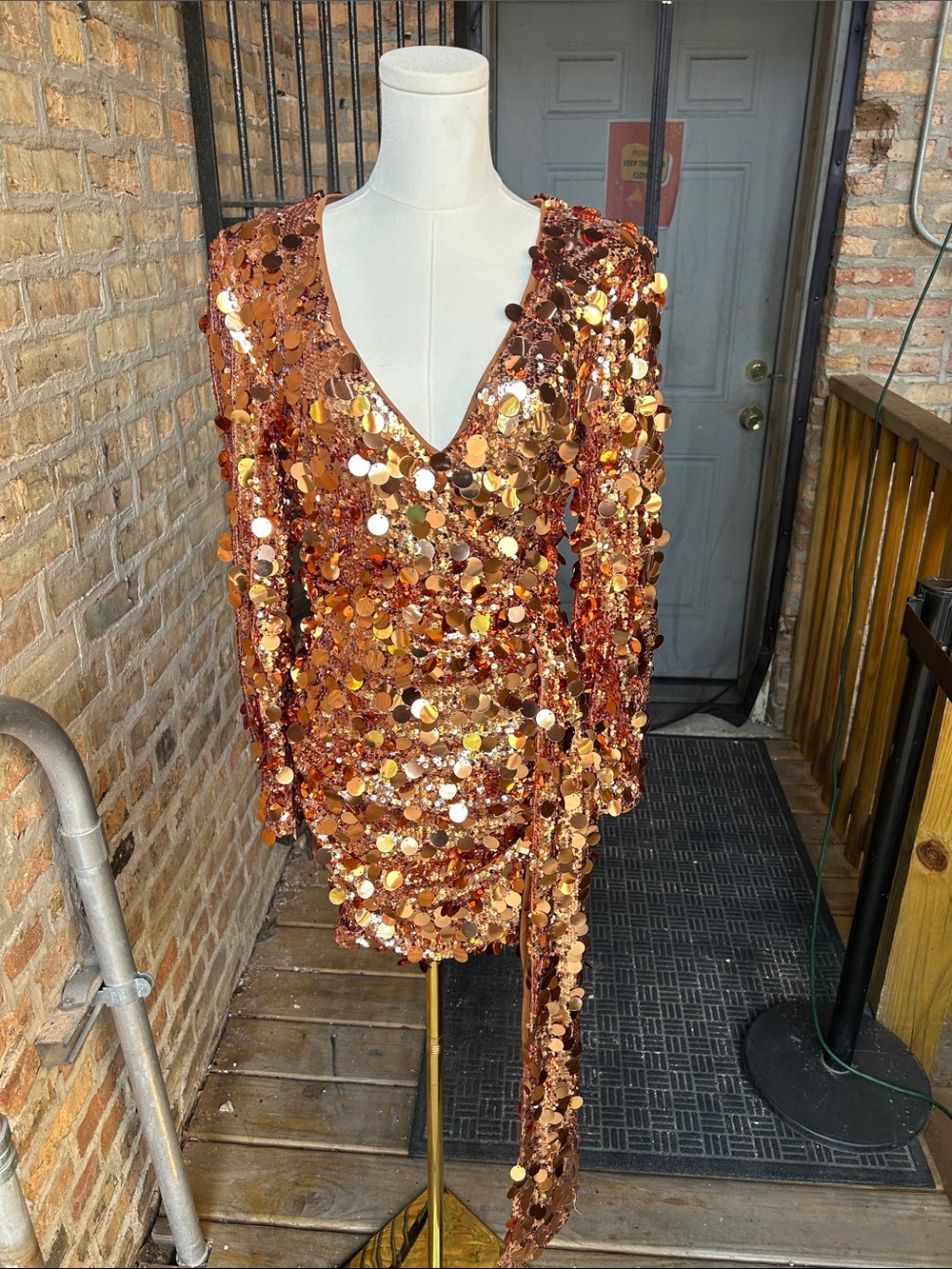 AKIRA Copper Sequin Wrap Mini Dress with Metallic Shine